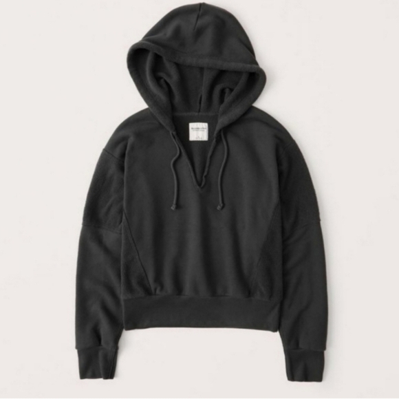 A&F Soft Gray Terry Split Neck Cropped Pullover Hooded Sweatshirt - Picture 1 of 8